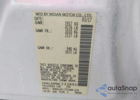 2017 Nissan Altima 2.5 Sr from USA, damaged, VIN 1N4AL3AP6HC233891